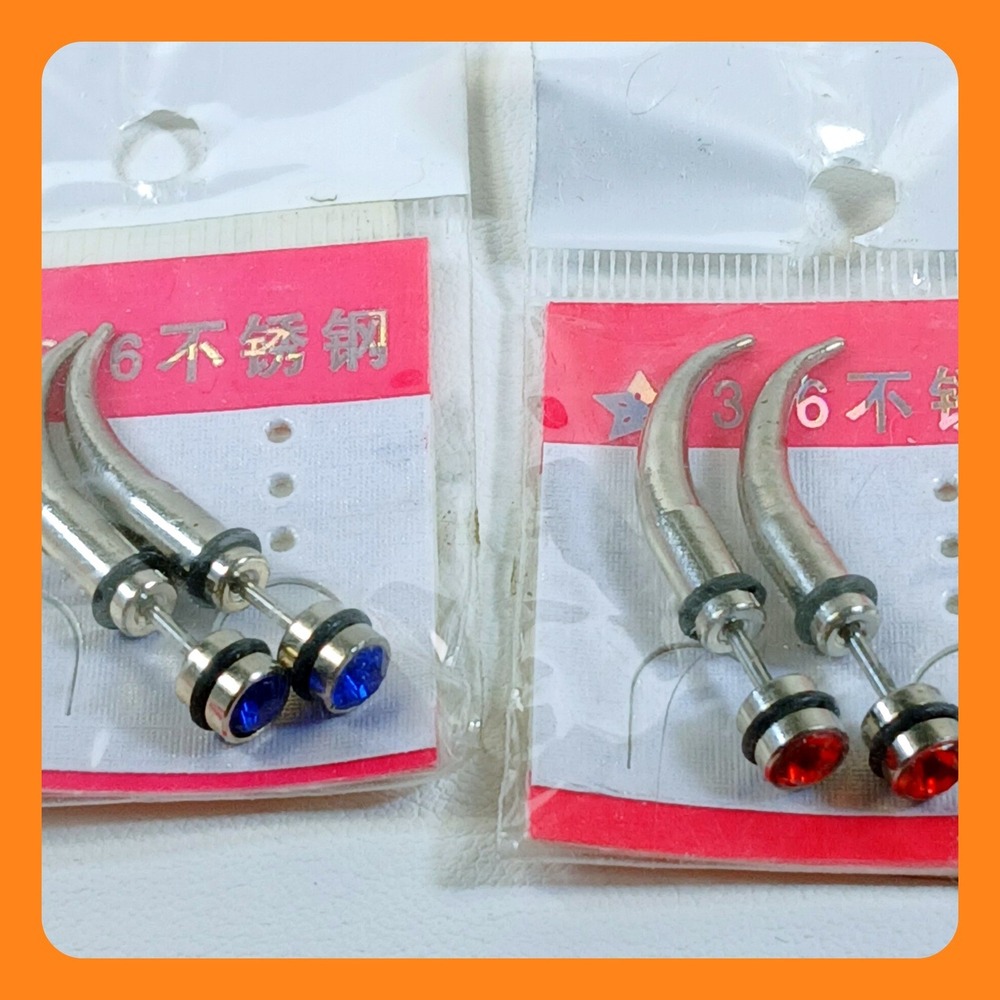 Vintage 90s 316L Steel 14G Faux Taper Claw Earrings Red Blue Rhinestone 2 Pair - Picture 1 of 14